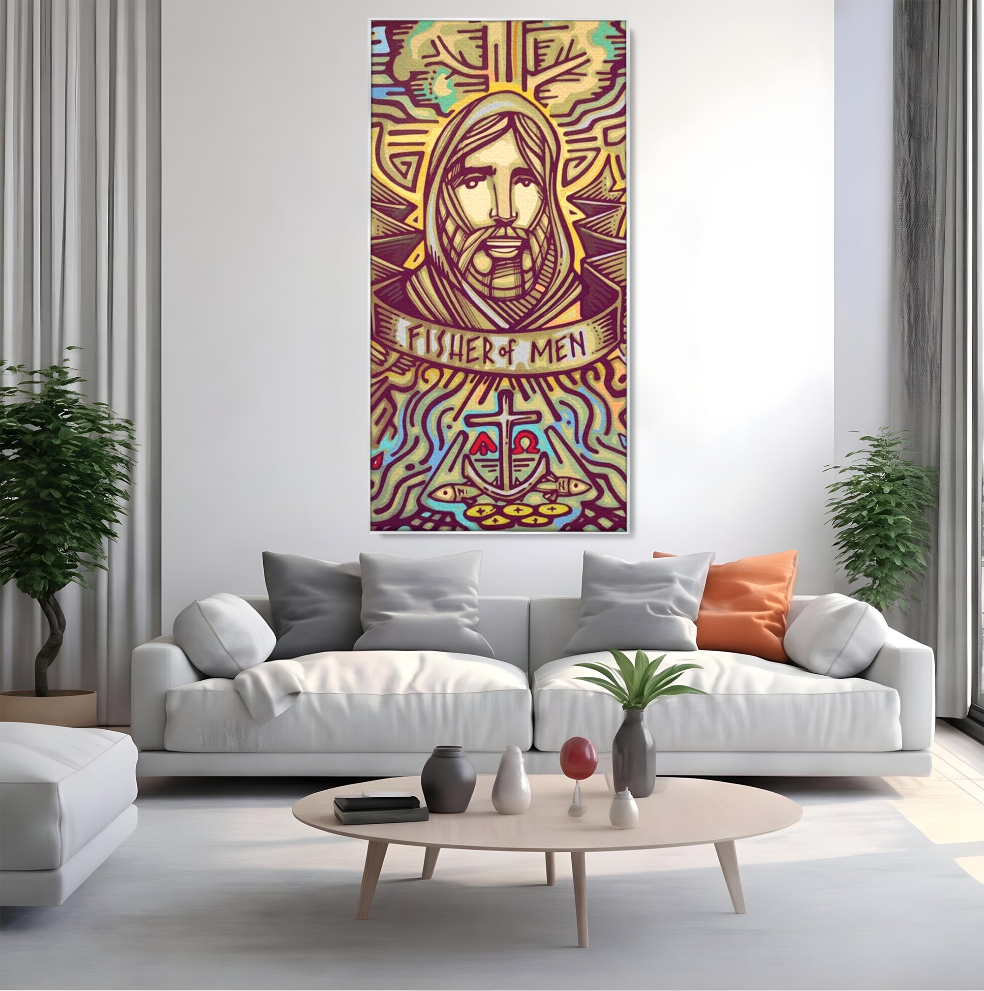 Tablou canvas cu tablou canvas cu portretul lui iisus, in rama de aluminiu argintiu, pe perete intr-un living